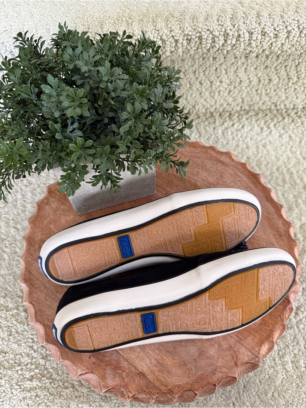 Black Keds Canvas Slip-On Boat Flats with Purple Insole. - Picture 3 of 6
